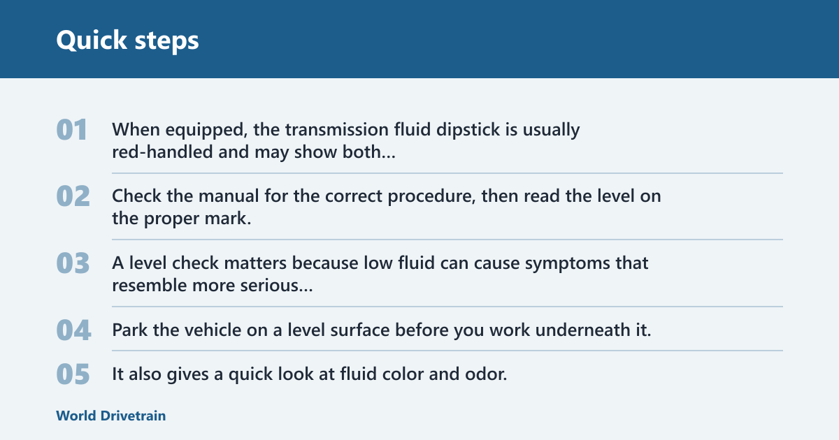 Quick steps: Do you really need to change transmission fluid?
The short answer: sometimes yes, sometimes not yet
Transmission fluid is not a one-time fill for life in every vehicle. Automatic transmission fluid works under heat, shear, and contamination, so its condition changes with age and use. That is why the right answer depends on fluid condition, service history, and drivability symptoms, not habit.
A common mistake is treating “change the fluid” as the only possible move. A low fluid level with clean fluid points one way. Dirty, burnt, or sludgy fluid points another. Delayed engagement or slipping points somewhere else entirely: diagnosis first.

Why the right answer depends on fluid condition, not habit
Old transmission fluid can cause trouble shifting, make a car sluggish, and contribute to stalling at stoplights. Those are drivability problems, not cosmetic ones. But fluid that is merely low and still clean may only need a top-off, while fluid that is discolored or sludgy usually needs replacement rather than more of the same.

📊 Transmission fluid is typically changed every 30,000–60,000 miles. Source: How to Change Transmission Fluid: 10 Steps (with Pictures).
Start with the owner’s manual
The owner’s manual is usually the first place to check, since transmission service intervals can vary by vehicle and transmission design. Some automakers list a service interval, while others distinguish normal service from severe use such as towing, heat, or stop-and-go driving. Generic mileage rules can miss those differences.

Why vehicle-specific guidance beats generic mileage rules
Many owners ask, “Do I need to change transmission fluid?” The better question is, “What does this transmission require?” A sealed unit, a manufacturer-specific transmission, or a unit with a different service procedure should follow vehicle-specific guidance instead of a universal mileage target.
That matters because automatic transmission fluid is the working fluid for a self-shifting transmission, and the service method can differ as much as the interval. Some vehicles call for periodic service; others specify inspection conditions before any fluid change is considered.

How service history changes the decision
If the fluid was changed recently and the vehicle shifts normally, another change may not be needed yet. If service history is unknown and the odometer is well past the listed interval, the case for inspection gets stronger. Neglected service is a common maintenance miss, and neglected service can be hard on transmission life.

How to tell what the fluid is saying