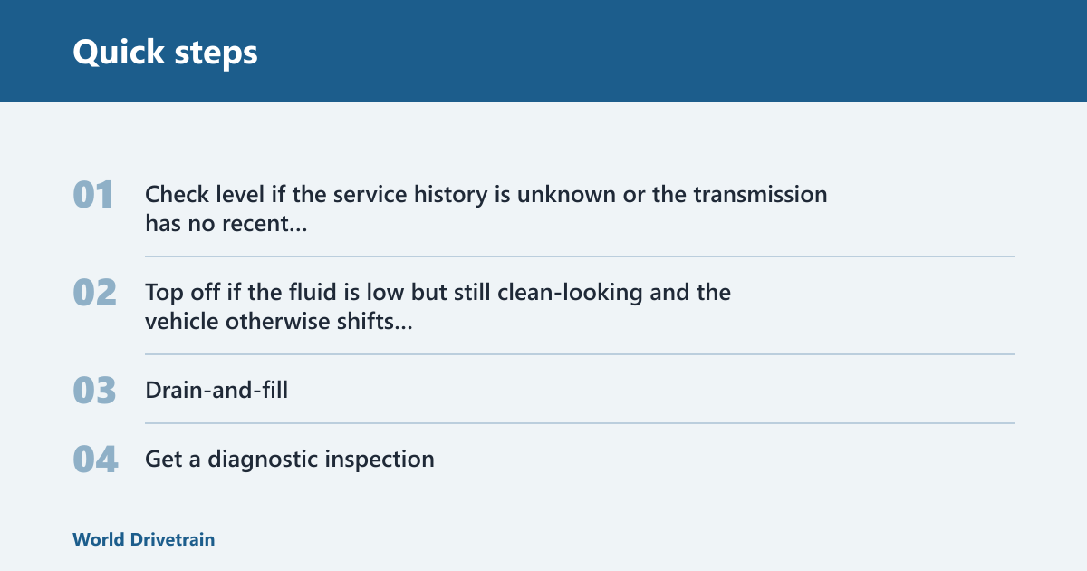 Quick steps: Do you really need to change transmission fluid?
The short answer: sometimes yes, sometimes not yet
Transmission fluid is not a one-time fill for life in every vehicle. Automatic transmission fluid works under heat, shear, and contamination, so its condition changes with age and use. That is why the right answer depends on fluid condition, service history, and drivability symptoms, not habit.
A common mistake is treating “change the fluid” as the only possible move. A low fluid level with clean fluid points one way. Dirty, burnt, or sludgy fluid points another. Delayed engagement or slipping points somewhere else entirely: diagnosis first.

Why the right answer depends on fluid condition, not habit
Old transmission fluid can cause trouble shifting, make a car sluggish, and contribute to stalling at stoplights. Those are drivability problems, not cosmetic ones. But fluid that is merely low and still clean may only need a top-off, while fluid that is discolored or sludgy usually needs replacement rather than more of the same.

📊 Transmission fluid is typically changed every 30,000–60,000 miles. Source: How to Change Transmission Fluid: 10 Steps (with Pictures).
Start with the owner’s manual
The owner’s manual is usually the first place to check, since transmission service intervals can vary by vehicle and transmission design. Some automakers list a service interval, while others distinguish normal service from severe use such as towing, heat, or stop-and-go driving. Generic mileage rules can miss those differences.

Why vehicle-specific guidance beats generic mileage rules
Many owners ask, “Do I need to change transmission fluid?” The better question is, “What does this transmission require?” A sealed unit, a manufacturer-specific transmission, or a unit with a different service procedure should follow vehicle-specific guidance instead of a universal mileage target.
That matters because automatic transmission fluid is the working fluid for a self-shifting transmission, and the service method can differ as much as the interval. Some vehicles call for periodic service; others specify inspection conditions before any fluid change is considered.

How service history changes the decision
If the fluid was changed recently and the vehicle shifts normally, another change may not be needed yet. If service history is unknown and the odometer is well past the listed interval, the case for inspection gets stronger. Neglected service is a common maintenance miss, and neglected service can be hard on transmission life.

How to tell what the fluid is saying
Fluid color, smell, and level give you the first clues. Clean fluid usually looks red or amber, while dark, burnt-smelling, discolored, or sludgy fluid suggests age, heat, or contamination. Those signs do not prove failure, but they do move the vehicle toward a drain-and-fill or a fuller service plan.


Using the transmission fluid dipstick to check level and condition
When equipped, the transmission fluid dipstick is usually red-handled and may show both hot and cold readings. Check the manual for the correct procedure, then read the level on the proper mark. A level check matters because low fluid can cause symptoms that resemble more serious problems.
Park the vehicle on a level surface before you work underneath it, and keep safety in mind if you must get beneath the vehicle. The dipstick tells you more than quantity. It also gives a quick look at fluid color and odor, which helps decide whether the fluid still has usable life.

What clean, dark, burnt, or sludgy fluid suggests
Clean fluid with a correct level usually points away from immediate replacement. Dark or burnt fluid points toward age and heat. Discolored or sludgy fluid is a stronger signal that the fluid needs changing, because old fluid can no longer do the job it was designed to do as well.
Say your sedan has 92,000 miles, a clean dipstick reading, and no shifting complaints. That is a different decision from a truck that tows often, smells burnt at the dipstick, and hesitates before moving into gear. Same fluid type. Very different next step.

When a top-off is enough