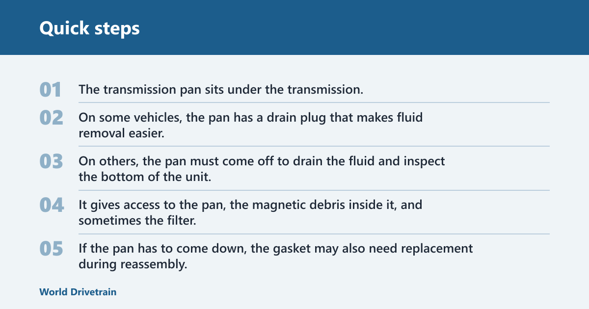 Quick steps: Do you really need to change transmission fluid?
The short answer: sometimes yes, sometimes not yet
Transmission fluid is not a one-time fill for life in every vehicle. Automatic transmission fluid works under heat, shear, and contamination, so its condition changes with age and use. That is why the right answer depends on fluid condition, service history, and drivability symptoms, not habit.
A common mistake is treating “change the fluid” as the only possible move. A low fluid level with clean fluid points one way. Dirty, burnt, or sludgy fluid points another. Delayed engagement or slipping points somewhere else entirely: diagnosis first.

Why the right answer depends on fluid condition, not habit
Old transmission fluid can cause trouble shifting, make a car sluggish, and contribute to stalling at stoplights. Those are drivability problems, not cosmetic ones. But fluid that is merely low and still clean may only need a top-off, while fluid that is discolored or sludgy usually needs replacement rather than more of the same.

📊 Transmission fluid is typically changed every 30,000–60,000 miles. Source: How to Change Transmission Fluid: 10 Steps (with Pictures).
Start with the owner’s manual
The owner’s manual is usually the first place to check, since transmission service intervals can vary by vehicle and transmission design. Some automakers list a service interval, while others distinguish normal service from severe use such as towing, heat, or stop-and-go driving. Generic mileage rules can miss those differences.

Why vehicle-specific guidance beats generic mileage rules
Many owners ask, “Do I need to change transmission fluid?” The better question is, “What does this transmission require?” A sealed unit, a manufacturer-specific transmission, or a unit with a different service procedure should follow vehicle-specific guidance instead of a universal mileage target.
That matters because automatic transmission fluid is the working fluid for a self-shifting transmission, and the service method can differ as much as the interval. Some vehicles call for periodic service; others specify inspection conditions before any fluid change is considered.

How service history changes the decision
If the fluid was changed recently and the vehicle shifts normally, another change may not be needed yet. If service history is unknown and the odometer is well past the listed interval, the case for inspection gets stronger. Neglected service is a common maintenance miss, and neglected service can be hard on transmission life.

How to tell what the fluid is saying
Fluid color, smell, and level give you the first clues. Clean fluid usually looks red or amber, while dark, burnt-smelling, discolored, or sludgy fluid suggests age, heat, or contamination. Those signs do not prove failure, but they do move the vehicle toward a drain-and-fill or a fuller service plan.


Using the transmission fluid dipstick to check level and condition
When equipped, the transmission fluid dipstick is usually red-handled and may show both hot and cold readings. Check the manual for the correct procedure, then read the level on the proper mark. A level check matters because low fluid can cause symptoms that resemble more serious problems.
Park the vehicle on a level surface before you work underneath it, and keep safety in mind if you must get beneath the vehicle. The dipstick tells you more than quantity. It also gives a quick look at fluid color and odor, which helps decide whether the fluid still has usable life.

What clean, dark, burnt, or sludgy fluid suggests
Clean fluid with a correct level usually points away from immediate replacement. Dark or burnt fluid points toward age and heat. Discolored or sludgy fluid is a stronger signal that the fluid needs changing, because old fluid can no longer do the job it was designed to do as well.
Say your sedan has 92,000 miles, a clean dipstick reading, and no shifting complaints. That is a different decision from a truck that tows often, smells burnt at the dipstick, and hesitates before moving into gear. Same fluid type. Very different next step.

When a top-off is enough
If the fluid is low but still clean, topping it off may be enough. That is the right first move when level is the issue and the fluid itself still looks serviceable. If the transmission starts acting up again after a top-off, look for a leak before assuming the fluid itself is the problem.


Low level plus clean fluid
Low fluid can cause delayed movement, erratic shifting, or slipping because the transmission depends on hydraulic pressure. If the dipstick shows the fluid is low but the fluid still looks clean, adding the correct fluid to spec is often the first step. Do not treat that as a substitute for leak finding if the level drops again.

When to stop and look for a leak first
A low level that returns after topping off suggests a leak at the pan, cooler lines, seals, or connections. In that case, the repair priority is leak inspection, not repeated refills. Topping off without finding the source can leave the transmission short on fluid again.


  
    
      Decision path
      What you see
      What to do next
    
  
  
    
      Check level
      No service history, no symptoms, unknown fluid level
      Use the dipstick or approved check method first
    
    
      Top off
      Fluid is low but still clean
      Add the correct fluid, then recheck for leaks
    
    
      Drain-and-fill
      Fluid is dark, discolored, or sludgy, but drivability is still normal
      Service the fluid and inspect related parts
    
    
      Get a diagnostic inspection
      Slipping, harsh shifts, delayed engagement, abnormal noise, or stalling
      Diagnose before changing fluid
    
  


The four-path decision checklist

  Check level if the service history is unknown or the transmission has no recent inspection.
  Top off if the fluid is low but still clean-looking and the vehicle otherwise shifts normally.
  Drain-and-fill if the fluid is dark, discolored, or sludgy, even if the transmission still drives acceptably.
  Get a diagnostic inspection if the transmission slips, bangs into gear, delays engagement, or makes unusual noises.


When should you stop and get the transmission diagnosed?
Stop and inspect first when symptoms suggest more than just old fluid. Harsh shifts, slipping, delayed engagement, abnormal noises, or stalling at stoplights can signal a control, hydraulic, or mechanical issue. In that situation, a fluid change is not the first test because it may miss the real fault.

Symptoms that point to more than old fluid
Old fluid can cause trouble shifting and make a car sluggish, but not every symptom comes from fluid age alone. Delayed engagement means the vehicle takes longer than normal to start moving after you select drive or reverse. Slipping means engine speed rises without a matching increase in vehicle speed.
Harsh shifts are abrupt gear changes. Abnormal noises can include whining or grinding. Stalling at stoplights is a serious symptom, especially if it happens with other drivability changes. Those signs justify a diagnostic inspection before any fluid change.

Why harsh shifts, slipping, or delayed engagement change the plan
If the transmission already shows those symptoms, fresh fluid will not fix a worn clutch pack, a failing solenoid, a pressure problem, or a restricted valve body. Fluid condition still matters, but the service order changes. Diagnosis first, fluid service second.

What a fluid change may involve