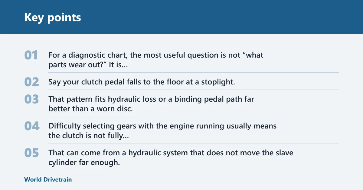 Key points: Clutch pedal diagnostic matrix