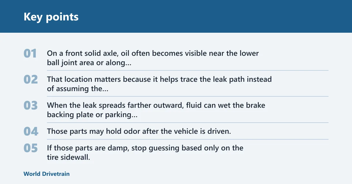 Key points: Where does front axle seal oil usually show up?