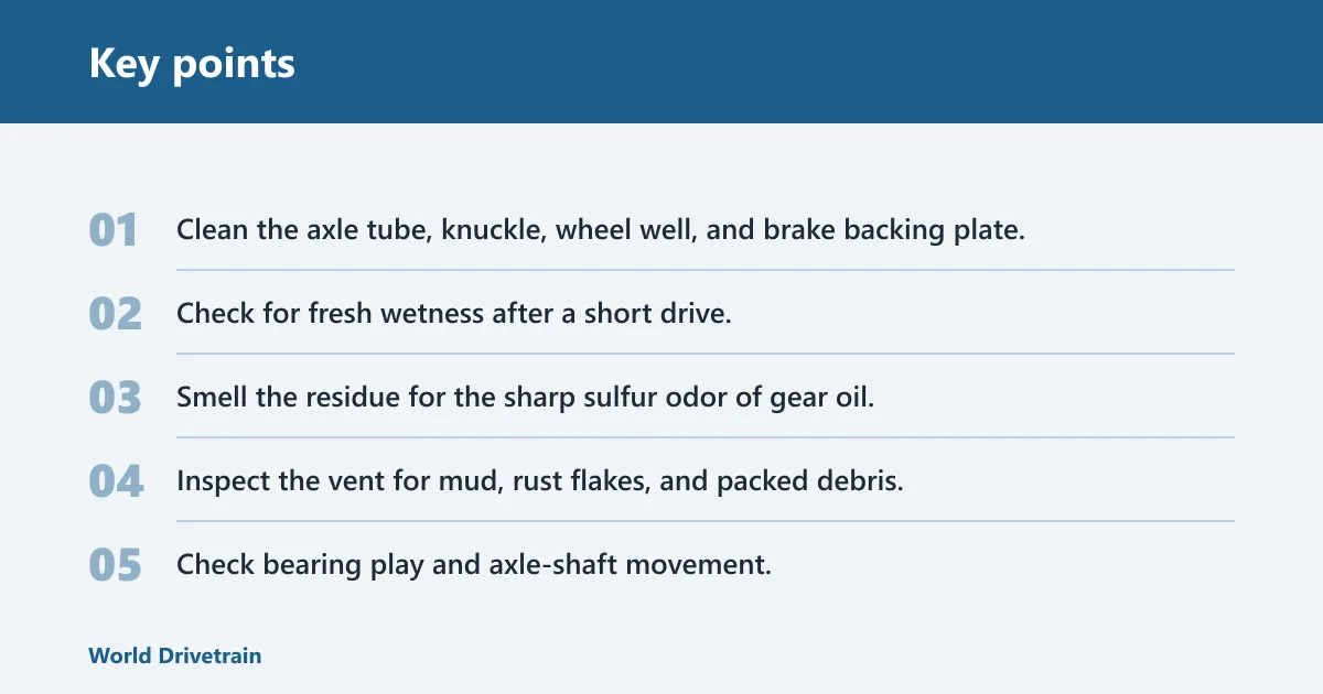Key points: Front axle leak diagnosis checklist