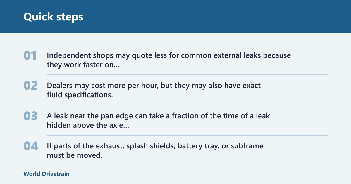 Quick steps: How much does transmission fluid leak repair cost?
The usual range is about $150 to $500 for simpler external repairs, and roughly $600 to $1,500+ for leaks tied to internal seals or harder-to-reach components. The final bill depends on diagnosis, labor time, the fluid that must be refilled, and whether the shop has to remove major parts to reach the leak.
What changes the final bill
Start with three buckets: diagnosis, parts, and labor. A leak that is obvious from below may need little more than a gasket and fluid, while an unknown leak can add a dye or UV inspection fee before the repair even starts.
Labor rate matters as much as the part. Independent shops often charge less per hour than dealers, but a dealer may have faster access to model-specific procedures and the exact OEM-approved ATF the vehicle requires. Regional labor rates vary, so the same repair can differ by hundreds of dollars.
Which leak location is driving the price?
Leak location sets the repair path. A pan gasket or cooler line sits in the lower-cost category because the parts are external and usually reachable. An axle seal costs more when the axle must come out. A front pump seal or bellhousing leak is often the expensive case because the transmission may need to be removed.
Leak location
Likely repair path
Labor intensity and access
Diagnostic clues
Typical cost range
Transmission pan gasket
Reseal pan, replace gasket, refill fluid, inspect filter
Low to moderate; usually accessible from below
Wet pan edge, drip from pan bolts or gasket seam
$150 to $400
Transmission cooler line
Replace hose or hard line, secure fittings, refill ATF
Moderate; routing and clamps can add time
Wet line, spray pattern, fluid on subframe or radiator area
$150 to $450
Axle seal
Replace seal, inspect axle shaft surface, refill fluid
Moderate to high; axle removal is usually needed
Drip near CV axle, fluid at trans output, one-side wetness
$250 to $700
Bellhousing or front pump seal
Confirm source, often remove transmission, replace seal or related hard parts
High; access is difficult and labor heavy
Fluid inside bellhousing, drip from inspection cover, no external source found
$700 to $1,500+
Filter service
Replace filter, pan gasket, and fluid
Low to moderate; service overlap with pan access
Maintenance-related seepage, dirty pan, service interval due
$150 to $350
Transmission pan gasket
A pan gasket is a common leak source and one of the lower-cost repairs. If the pan itself is straight and the bolt holes are not damaged, resealing is often enough. The parts cost is usually modest; the labor is the bigger share because the pan has to come off, be cleaned, and be sealed correctly.
Transmission cooler line
Cooler lines leak at the hose, flare fitting, crimp, or rusted hard line. The repair can be straightforward, but access is not always simple because the line runs between the transmission, radiator, and underbody. The job almost always needs a fluid refill, and low-fluid operation should be avoided.
Axle seal
An axle seal leak often shows up near the CV axle where it enters the transmission. The drip pattern helps: fluid may collect at the output housing and fling onto nearby parts. A shop should inspect the axle surface too, because a grooved or pitted shaft can damage a new seal and lead to a repeat leak.
Front pump seal and bellhousing leaks
These are higher-cost repairs because the leak is usually deeper in the transmission. Fluid at the bellhousing or inside the inspection cover often means the front pump seal, torque converter area, or another internal point. On many vehicles, transmission removal is the practical route, which is why the quote climbs fast.
Why labor rate matters as much as parts