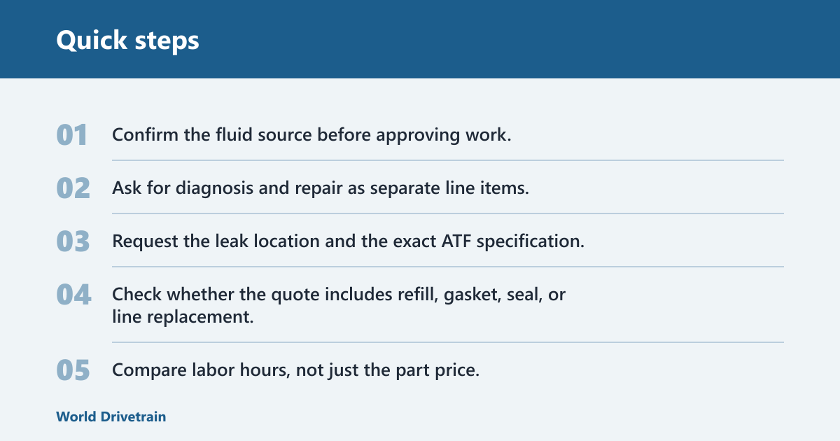Quick steps: How much does transmission fluid leak repair cost?
The usual range is about $150 to $500 for simpler external repairs, and roughly $600 to $1,500+ for leaks tied to internal seals or harder-to-reach components. The final bill depends on diagnosis, labor time, the fluid that must be refilled, and whether the shop has to remove major parts to reach the leak.
What changes the final bill
Start with three buckets: diagnosis, parts, and labor. A leak that is obvious from below may need little more than a gasket and fluid, while an unknown leak can add a dye or UV inspection fee before the repair even starts.
Labor rate matters as much as the part. Independent shops often charge less per hour than dealers, but a dealer may have faster access to model-specific procedures and the exact OEM-approved ATF the vehicle requires. Regional labor rates vary, so the same repair can differ by hundreds of dollars.
Which leak location is driving the price?
Leak location sets the repair path. A pan gasket or cooler line sits in the lower-cost category because the parts are external and usually reachable. An axle seal costs more when the axle must come out. A front pump seal or bellhousing leak is often the expensive case because the transmission may need to be removed.
Leak location
Likely repair path
Labor intensity and access
Diagnostic clues
Typical cost range
Transmission pan gasket
Reseal pan, replace gasket, refill fluid, inspect filter
Low to moderate; usually accessible from below
Wet pan edge, drip from pan bolts or gasket seam
$150 to $400
Transmission cooler line
Replace hose or hard line, secure fittings, refill ATF
Moderate; routing and clamps can add time
Wet line, spray pattern, fluid on subframe or radiator area
$150 to $450
Axle seal
Replace seal, inspect axle shaft surface, refill fluid
Moderate to high; axle removal is usually needed
Drip near CV axle, fluid at trans output, one-side wetness
$250 to $700
Bellhousing or front pump seal
Confirm source, often remove transmission, replace seal or related hard parts
High; access is difficult and labor heavy
Fluid inside bellhousing, drip from inspection cover, no external source found
$700 to $1,500+
Filter service
Replace filter, pan gasket, and fluid
Low to moderate; service overlap with pan access
Maintenance-related seepage, dirty pan, service interval due
$150 to $350
Transmission pan gasket
A pan gasket is a common leak source and one of the lower-cost repairs. If the pan itself is straight and the bolt holes are not damaged, resealing is often enough. The parts cost is usually modest; the labor is the bigger share because the pan has to come off, be cleaned, and be sealed correctly.
Transmission cooler line
Cooler lines leak at the hose, flare fitting, crimp, or rusted hard line. The repair can be straightforward, but access is not always simple because the line runs between the transmission, radiator, and underbody. The job almost always needs a fluid refill, and low-fluid operation should be avoided.
Axle seal
An axle seal leak often shows up near the CV axle where it enters the transmission. The drip pattern helps: fluid may collect at the output housing and fling onto nearby parts. A shop should inspect the axle surface too, because a grooved or pitted shaft can damage a new seal and lead to a repeat leak.
Front pump seal and bellhousing leaks
These are higher-cost repairs because the leak is usually deeper in the transmission. Fluid at the bellhousing or inside the inspection cover often means the front pump seal, torque converter area, or another internal point. On many vehicles, transmission removal is the practical route, which is why the quote climbs fast.
Why labor rate matters as much as parts
Labor can dominate the bill when the leak is buried. A cheap seal can become an expensive repair if the transmission has to come out, the subframe must be lowered, or corrosion slows disassembly. Shops price that time differently, and dealer labor is commonly higher than independent shop labor.
Independent shop vs dealer pricing
Independent shops may quote less for common external leaks because they work faster on routine access and use flexible labor rates. Dealers may cost more per hour, but they may also have exact fluid specifications, factory procedures, and parts availability for the specific transmission.
How access time drives labor hours
A leak near the pan edge can take a fraction of the time of a leak hidden above the axle or behind the bellhousing. If parts of the exhaust, splash shields, battery tray, or subframe must be moved, the labor quote rises even when the part itself is cheap.
How do you know whether the leak is minor or serious?
A minor leak usually leaves small spots and the transmission still shifts normally, while a serious leak can cause low-fluid symptoms, delayed engagement, slipping, or harsh shifts. If the fluid level is low enough to affect pressure, the issue becomes more urgent than the visible drip size suggests.
Low-fluid warning signs
Delayed drive engagement, shuddering, flare on shifts, a whining pump sound, or a slipping feel under acceleration can point to low transmission fluid. Heat builds fast when fluid drops, and heat can damage clutch packs or burn the transmission.
Dipstick and scan-based level checks
Some vehicles use a dipstick; others require a temperature-based scan procedure and a level check plug. The correct level matters because both low fluid and overfilling can cause problems. Overfill can foam the fluid, which reduces hydraulic performance and can push fluid out of seals or vents.
When to stop driving
Stop driving if the transmission starts slipping, refuses to engage, or leaves a large puddle after a short park. A small seep may allow a short trip to a shop, but a rapid leak needs towing or immediate repair. Top-off is a temporary step, not a cure.
What if the fluid is not transmission fluid?
Not every red or brown fluid is ATF. Engine oil, coolant, and power steering fluid can all be mistaken for a transmission leak, especially when fluid spreads along the underside of the vehicle. A shop should confirm the source before approving a transmission repair.
Engine oil, coolant, and power steering fluid mix-ups
Engine oil usually looks darker and feels slicker, coolant often has dye and a sweet odor, and power steering fluid can vary by vehicle. Fluid color alone is not enough. A leak from above can run down and mimic a transmission drip at the lowest point.
How dye or UV inspection confirms the source
If the source is unclear, diagnostic dye and a UV light can help trace the fluid path. This is especially useful when the underside has multiple wet areas or when the shop suspects the leak is engine oil rather than ATF. Diagnosis fees are separate from repair charges, so ask what the inspection includes.
Say your compact sedan leaves a red spot overnight, but the bellhousing is dry and the real leak is a cooler line spraying fluid onto the subframe. A quick visual check may miss that. Dye makes the source visible and can prevent an unnecessary transmission removal quote.
How much can a common car cost to fix?
A common benchmark is a 2004 Honda Civic, where a transmission leak can be relatively affordable if it is an external gasket or line, but much more expensive if the leak is tied to a seal that needs deeper access. The same model can still vary widely by transmission type and leak location.
2004 Honda Civic as a benchmark
For an older Civic, a pan gasket or service-related leak is often in the lower-cost range, while an axle seal or front seal repair can move the bill up fast. Age matters here because seals harden, fluid service histories vary, and corrosion can add labor time.
Why the same model can still vary by leak point
A small leak at the pan seam may need only resealing and fresh ATF. A leak near the bellhousing may require transmission removal. That gap explains why a quote for the same car can differ by several hundred dollars even before parts brand or dealer pricing enters the picture.
Can you drive with a transmission leak?