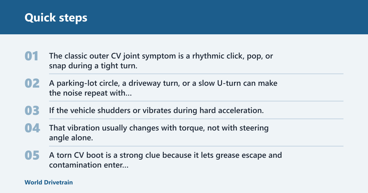 Quick steps: How to tell if a CV axle or wheel bearing is bad
Start with the sound and when it happens. CV axle problems usually react to steering angle or engine torque, while wheel bearing noise usually follows vehicle speed and load transfer. That difference gives you a fast diagnosis path before you ever replace a part.
Both failures can overlap. A bad wheel bearing can make the wheel break off while driving, and a bad CV axle can create drivability problems that spread wear into the hub. Sort out clicking, growling, vibration, and play by test pattern, not by guessing the part name.
Why these failures sound similar at first
Both parts sit near the wheel and both can send vibration into the cabin. A worn bearing can sound like tire roar. A worn outer CV joint can click only on turns, which many drivers first notice as a wheel noise. That is why a road test matters.
What each part does and where it sits
A CV axle connects the transmission or differential to the wheel hub, with one joint near the wheel and the other closer to the transmission. A wheel bearing sits at the center of the wheel hub and lets the wheel rotate while carrying load.
CV axle and outer versus inner CV joint location
The outer CV joint is the end closest to the wheel. It turns through a tighter angle during steering, so it is the joint most associated with clicking on tight turns. The inner CV joint sits inboard and more often shows up as shudder or vibration under acceleration.
Wheel bearing and hub assembly location
The wheel bearing supports the wheel at the hub. On many vehicles it is part of a hub assembly rather than a separate press-in bearing. Front and rear applications differ, and vehicle-specific fitment matters because some models replace the complete hub assembly while others allow bearing-only service.
What does a bad CV axle sound like?