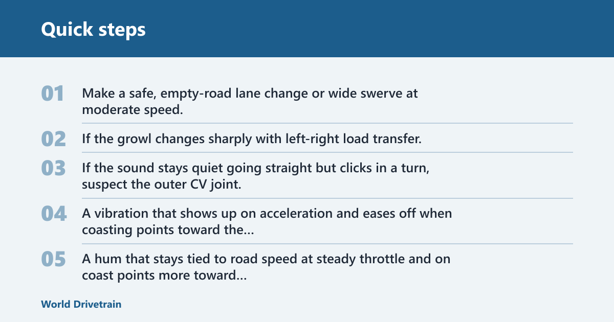 Quick steps: How to tell if a CV axle or wheel bearing is bad
Start with the sound and when it happens. CV axle problems usually react to steering angle or engine torque, while wheel bearing noise usually follows vehicle speed and load transfer. That difference gives you a fast diagnosis path before you ever replace a part.
Both failures can overlap. A bad wheel bearing can make the wheel break off while driving, and a bad CV axle can create drivability problems that spread wear into the hub. Sort out clicking, growling, vibration, and play by test pattern, not by guessing the part name.
Why these failures sound similar at first
Both parts sit near the wheel and both can send vibration into the cabin. A worn bearing can sound like tire roar. A worn outer CV joint can click only on turns, which many drivers first notice as a wheel noise. That is why a road test matters.
What each part does and where it sits
A CV axle connects the transmission or differential to the wheel hub, with one joint near the wheel and the other closer to the transmission. A wheel bearing sits at the center of the wheel hub and lets the wheel rotate while carrying load.
CV axle and outer versus inner CV joint location
The outer CV joint is the end closest to the wheel. It turns through a tighter angle during steering, so it is the joint most associated with clicking on tight turns. The inner CV joint sits inboard and more often shows up as shudder or vibration under acceleration.
Wheel bearing and hub assembly location
The wheel bearing supports the wheel at the hub. On many vehicles it is part of a hub assembly rather than a separate press-in bearing. Front and rear applications differ, and vehicle-specific fitment matters because some models replace the complete hub assembly while others allow bearing-only service.
What does a bad CV axle sound like?
A bad CV axle usually clicks on tight turns, and an inner CV joint can create shudder or vibration when you accelerate in a straight line. Grease leakage from a torn boot and looseness at the joint or shaft strengthen the case for CV axle damage.
Outer CV joint clicking on turns
The classic outer CV joint symptom is a rhythmic click, pop, or snap during a tight turn, often more obvious when turning under light throttle. A parking-lot circle, a driveway turn, or a slow U-turn can make the noise repeat with wheel speed.
Inner CV joint shudder under acceleration
The inner joint is loaded differently. If the vehicle shudders or vibrates during hard acceleration, especially in a straight line, the inner CV joint becomes more suspicious than the wheel bearing. That vibration usually changes with torque, not with steering angle alone.
Boot damage, grease loss, and joint play
A torn CV boot is a strong clue because it lets grease escape and contamination enter the joint. Look for sling marks on nearby suspension parts, wet grease around the boot, and play at the shaft or joint. Those signs point to a CV axle problem more than a bearing problem.
What does a bad wheel bearing sound like at speed?
A bad wheel bearing often makes a growl, hum, or squeal that gets more noticeable as speed increases. The sound often gets louder as the car speeds up and may change when you swerve left or right because the load shifts from one side of the vehicle to the other.
Growl or hum that rises with speed
Wheel bearing noise is often mistaken for aggressive tire noise. The clue is that the sound tends to follow road speed closely, not engine rpm. At a steady cruise, the growl may be constant; as speed rises, the noise grows more obvious.
Noise changes when swerving left or right
Load transfer is the best separator here. If a gentle lane change to the left makes the noise louder, the right-side bearing may be carrying more load. If a sway to the right changes it the other way, the suspect side may shift again. That pattern is a bearing clue.
How bearing noise can resemble tire noise
A worn bearing can sound like a cupped tire or a rough pavement hum. The difference is that bearing noise often changes with side loading, while tire noise usually stays closer to the same pitch no matter which direction the vehicle leans. Road-test variation matters.
Road-test clues that separate the two