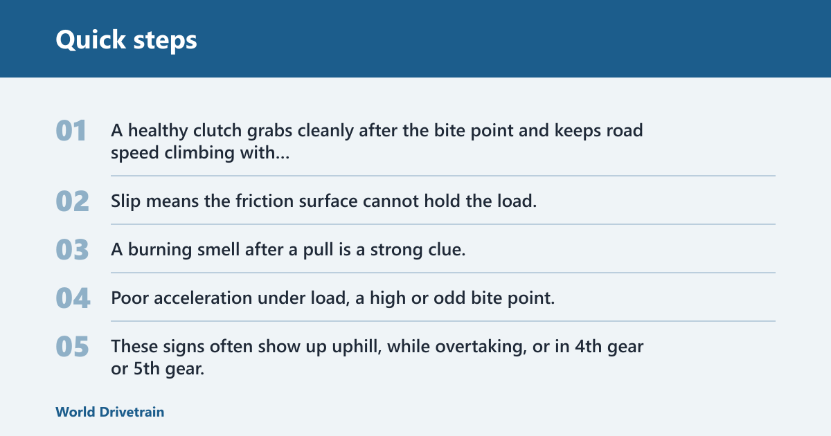 Quick steps: What you'll need before you start
A flat, low-traffic route or a quiet road with room to coast to a stop
Owner’s manual details for clutch type, fluid checks, and service access points
A flashlight for a quick pedal and fluid inspection
Basic hand tools if the fluid reservoir cap or inspection cover needs access
One helper only if the car needs a second person to watch for obvious smoke or smell
Do not start on a busy hill or in traffic. If the car already smells hot, slips badly, or grinds badly into gear, stop the test plan and move straight to inspection.
Park on level ground and set the parking brake.
Press the pedal slowly and note the bite point, pedal feel, and return speed.
Check clutch fluid level if the car has a hydraulic clutch system.
Pick a quiet route with a long, clear stretch.
Plan short checks only, then leave time to cool between attempts.
What clutch slip is and why safe testing matters