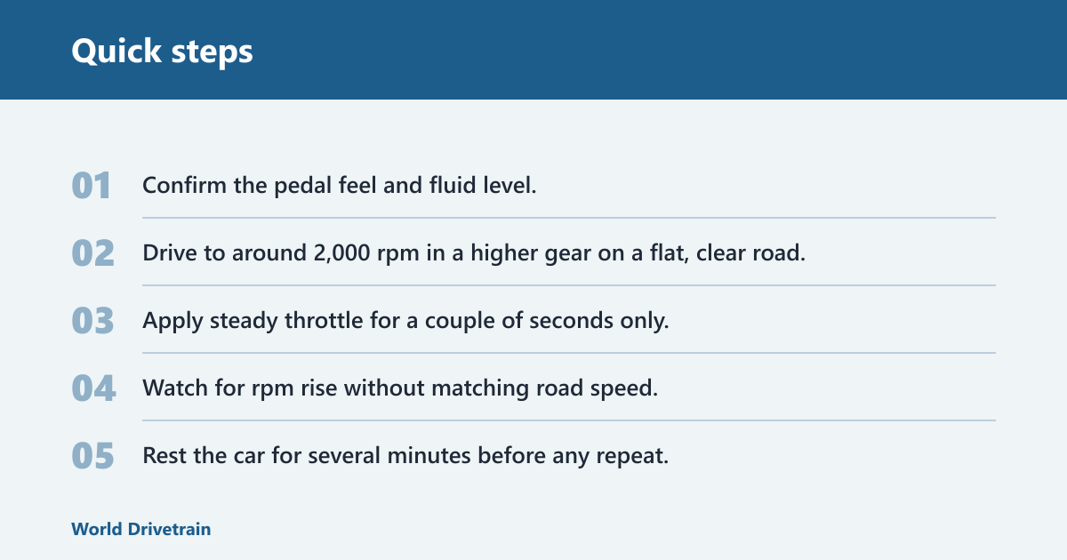 Quick steps: What you'll need before you start
A flat, low-traffic route or a quiet road with room to coast to a stop
Owner’s manual details for clutch type, fluid checks, and service access points
A flashlight for a quick pedal and fluid inspection
Basic hand tools if the fluid reservoir cap or inspection cover needs access
One helper only if the car needs a second person to watch for obvious smoke or smell
Do not start on a busy hill or in traffic. If the car already smells hot, slips badly, or grinds badly into gear, stop the test plan and move straight to inspection.
Park on level ground and set the parking brake.
Press the pedal slowly and note the bite point, pedal feel, and return speed.
Check clutch fluid level if the car has a hydraulic clutch system.
Pick a quiet route with a long, clear stretch.
Plan short checks only, then leave time to cool between attempts.
What clutch slip is and why safe testing matters
Clutch slip means engine revs rise without the expected rise in vehicle speed. In a manual transmission clutch, the engine drives the flywheel, the clutch plate transfers force through the pressure plate, and the gearbox receives that torque when everything is fully engaged. Heat is the main risk because slip turns friction into wear fast.
How clutch slip differs from normal engagement
A healthy clutch grabs cleanly after the bite point and keeps road speed climbing with rpm. Slip means the friction surface cannot hold the load, often because the clutch plate is worn, glazed, or contaminated, or because the pressure plate is losing clamping force. A burning smell after a pull is a strong clue.
What symptoms can point to slip before you test
Poor acceleration under load, a high or odd bite point, and awkward gear changes can all point to slip. These signs often show up uphill, while overtaking, or in 4th gear or 5th gear. A spongy, loose, sticky, or oddly high pedal can also point to hydraulic issues rather than a worn clutch alone.
how can you test clutch slip without damaging it?