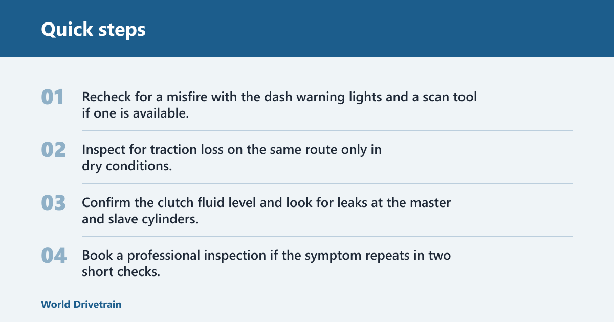 Quick steps: What you'll need before you start
A flat, low-traffic route or a quiet road with room to coast to a stop
Owner’s manual details for clutch type, fluid checks, and service access points
A flashlight for a quick pedal and fluid inspection
Basic hand tools if the fluid reservoir cap or inspection cover needs access
One helper only if the car needs a second person to watch for obvious smoke or smell
Do not start on a busy hill or in traffic. If the car already smells hot, slips badly, or grinds badly into gear, stop the test plan and move straight to inspection.
Park on level ground and set the parking brake.
Press the pedal slowly and note the bite point, pedal feel, and return speed.
Check clutch fluid level if the car has a hydraulic clutch system.
Pick a quiet route with a long, clear stretch.
Plan short checks only, then leave time to cool between attempts.
What clutch slip is and why safe testing matters
Clutch slip means engine revs rise without the expected rise in vehicle speed. In a manual transmission clutch, the engine drives the flywheel, the clutch plate transfers force through the pressure plate, and the gearbox receives that torque when everything is fully engaged. Heat is the main risk because slip turns friction into wear fast.
How clutch slip differs from normal engagement
A healthy clutch grabs cleanly after the bite point and keeps road speed climbing with rpm. Slip means the friction surface cannot hold the load, often because the clutch plate is worn, glazed, or contaminated, or because the pressure plate is losing clamping force. A burning smell after a pull is a strong clue.
What symptoms can point to slip before you test
Poor acceleration under load, a high or odd bite point, and awkward gear changes can all point to slip. These signs often show up uphill, while overtaking, or in 4th gear or 5th gear. A spongy, loose, sticky, or oddly high pedal can also point to hydraulic issues rather than a worn clutch alone.
how can you test clutch slip without damaging it?
Use a short, low-load check in a higher gear, then stop if rpm flares, the smell changes, or the pedal feel changes. Keep each attempt brief and let the clutch cool between attempts. Do not hold the throttle open against a slipping clutch; that adds heat and can damage the clutch plate and flywheel.
Step-by-step low-heat check
Confirm the pedal feel and fluid level.
Drive to around 2,000 rpm in a higher gear on a flat, clear road.
Apply steady throttle for a couple of seconds only.
Watch for rpm rise without matching road speed.
Rest the car for several minutes before any repeat.
Say your car pulls cleanly in 3rd gear at 2,000 rpm, then rpm climbs sharply in 4th with little gain in speed. That pattern points toward slip. Suppose the engine surges but the front tires spin on wet pavement instead; that is traction loss, not clutch slip.
How to separate slip from wheelspin and misfire
Wheelspin shows up as tire noise, traction control intervention, or obvious road-speed instability. Misfire feels like shaking, uneven power delivery, or a flashing check-engine light, not a clean flare in rpm. If the vehicle hesitates without a clean rev flare, do not assume the clutch is the cause.
how do you tell clutch slip from clutch drag?
Slip is free-revving under load: engine speed rises, speed lags, and the car feels weak. Drag is the opposite pattern: the clutch does not release cleanly, so shifting is hard, gears clash, or the car creeps at a stop. Slip points to hold-force loss; drag points to release problems.
What each result means for clutch parts
Slip often points to wear or contamination on the clutch plate, weak pressure-plate clamping, or heat spots on the flywheel. Drag often points to a release issue, such as hydraulic problems, cable adjustment, or a warped or sticking component that keeps the disc from separating fully.
How the pedal helps separate the fault
A high or changing bite point can fit slip, but it can also come from adjustment or hydraulics. A sticky or spongy pedal leans toward a hydraulic clutch system issue. A pedal that returns slowly or feels inconsistent deserves inspection before more road testing.
Use the safe clutch slip test matrix
This matrix keeps test time short and tells you when to stop. If any row triggers a red flag, do not repeat the test that day. Heat damage comes from repeated load, not from one careful check.
Test type
Gear and road condition
Max time per attempt
Expected result if healthy
Stop-now red flags
High-gear acceleration check
3rd or 4th gear, flat quiet road
2–3 seconds
Rpm and road speed rise together
Burning smell, rpm flare, weak pull
Light uphill load test
Gentle hill, low traffic, no sudden throttle
One start only
Clean takeoff without odor
Smell, shudder, worsening pedal feel
Cruise-and-roll check
4th or 5th gear, steady speed
3–5 seconds
Speed remains stable under light throttle
Rpm rises without road-speed gain
Gear-change feel check
1st to 2nd, then 2nd to 3rd at low rpm
Normal shifting only
Clean engagement, no grinding
Grinding, refusal, creeping, or clash
what does the pedal, smell, and shift feel tell you?
A high, odd, or changing bite point can be a warning sign, but it does not prove a worn clutch by itself. Spongy, sticky, or loose pedal travel often points toward hydraulic issues, while a hot friction odor under hill starts or traffic points to heat buildup at the clutch face. Hard shifting points elsewhere.
Hydraulic clutch system checks
Check fluid level against the reservoir marks and look for leaks at the master cylinder, slave cylinder, and hose connections. If the pedal feels spongy or stays down briefly, the hydraulic clutch system may not be moving the release fork fully. That can cause drag, not slip, and needs different repair.
What burning smell means
A friction odor after a hill start or repeated slow traffic pull means the clutch has already built more heat than normal. Treat that as a stop-now signal. More load after that point can glaze the clutch plate and mark the flywheel, which makes the next slip worse.
What causes a clutch to slip under load?
Under load, the clutch needs more clamping force to hold torque. A worn clutch plate, overheated friction surface, contaminated lining, weak pressure plate, or flywheel heat spots can all reduce grip. Symptoms often show up on hills, while overtaking, or in 4th gear or 5th gear because torque demand rises there.
Common first-timer mistake
A common first-timer mistake is repeating a hill start three or four times to “make sure.” That adds heat quickly. If the first attempt already produces a smell or a strong rpm flare, further attempts can turn a borderline clutch into a failed one.
Common mistakes that can damage a clutch during diagnosis