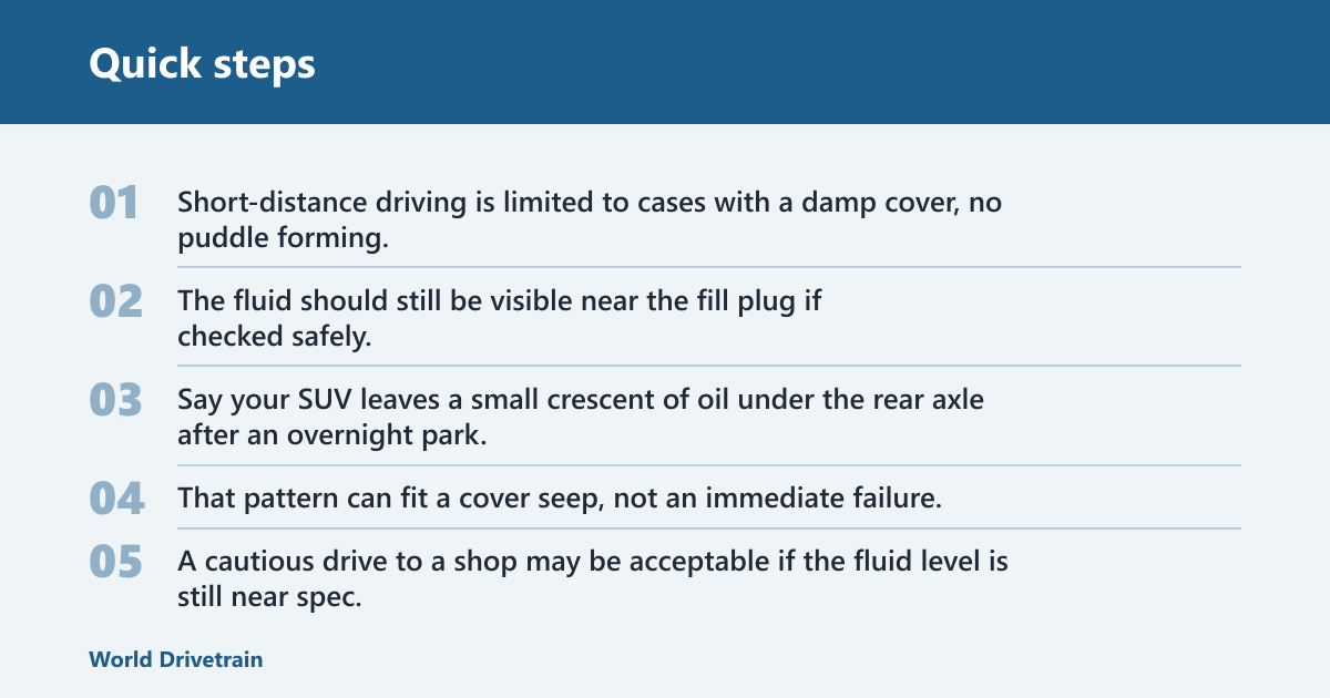 Quick steps: Is it safe to drive with low differential fluid?
Why the answer changes with leak severity
Low differential fluid is not an all-or-nothing condition. A damp cover with no noise is a different problem from an active drip, a sulfur smell, or metal in the oil. The safety call depends on whether the axle still has enough gear oil to protect the ring and pinion and the bearings.
Gear oil protects the ring and pinion inside the axle. It also cools and cushions carrier and pinion bearings. When the oil level drops, those parts can run hot before the leak looks dramatic, and damage can begin while the vehicle still seems to drive normally.
What differential fluid protects inside the axle
Differential fluid is not just a lubricant. In rear axle applications, it reduces friction between the ring and pinion gears, carries heat away from the bearings, and helps the assembly survive load changes during acceleration, coast, towing, and highway cruising.
Low oil can damage bearings and gears before the leak looks dramatic. That matters because a small seep at the cover can become a bigger repair if the axle runs hot long enough for the gear pattern, bearings, or seals to suffer.
How to tell if the leak is minor or serious
A minor leak usually means dampness, not a puddle. A dark spot on the driveway, a damp crescent along the bottom edge of the cover, or oil collecting on lower bolts can point to a cover seep. Active dripping, fresh wetness after parking, or a smell of hot gear oil raises the risk quickly.
A gear oil leak has a sharp, sulfur-like smell, and fresh gear oil can appear amber to dark brown on a paper towel. If the sound changes on throttle and coast, that deserves a closer look. Whining, grinding, or roughness means the axle may already be suffering from low fluid.
Metal debris changes the picture again. A few fine specks can show up in old gear oil, but shiny chunks, slivers, or repeated paste-like residue on the drain plug or magnet may point to internal wear. At that stage, driving becomes risky because the gears or bearings may already be damaged.
Can you keep driving to a shop?