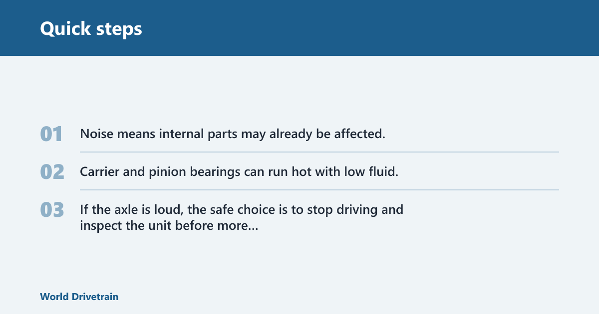 Quick steps: Is it safe to drive with low differential fluid?
Why the answer changes with leak severity
Low differential fluid is not an all-or-nothing condition. A damp cover with no noise is a different problem from an active drip, a sulfur smell, or metal in the oil. The safety call depends on whether the axle still has enough gear oil to protect the ring and pinion and the bearings.
Gear oil protects the ring and pinion inside the axle. It also cools and cushions carrier and pinion bearings. When the oil level drops, those parts can run hot before the leak looks dramatic, and damage can begin while the vehicle still seems to drive normally.
What differential fluid protects inside the axle
Differential fluid is not just a lubricant. In rear axle applications, it reduces friction between the ring and pinion gears, carries heat away from the bearings, and helps the assembly survive load changes during acceleration, coast, towing, and highway cruising.
Low oil can damage bearings and gears before the leak looks dramatic. That matters because a small seep at the cover can become a bigger repair if the axle runs hot long enough for the gear pattern, bearings, or seals to suffer.
How to tell if the leak is minor or serious
A minor leak usually means dampness, not a puddle. A dark spot on the driveway, a damp crescent along the bottom edge of the cover, or oil collecting on lower bolts can point to a cover seep. Active dripping, fresh wetness after parking, or a smell of hot gear oil raises the risk quickly.
A gear oil leak has a sharp, sulfur-like smell, and fresh gear oil can appear amber to dark brown on a paper towel. If the sound changes on throttle and coast, that deserves a closer look. Whining, grinding, or roughness means the axle may already be suffering from low fluid.
Metal debris changes the picture again. A few fine specks can show up in old gear oil, but shiny chunks, slivers, or repeated paste-like residue on the drain plug or magnet may point to internal wear. At that stage, driving becomes risky because the gears or bearings may already be damaged.
Can you keep driving to a shop?
Yes, but only when the leak is small, the axle is quiet, and the fluid level is still near the fill hole. A short, careful trip to a shop may be reasonable for a damp cover or a slow seep, but active dripping, fresh noise, or metal debris means stop driving now.
Signs that allow a short, careful drive
Short-distance driving is limited to cases with a damp cover, no puddle forming, no change in axle noise, and no burn or sulfur smell after the vehicle is parked. The fluid should still be visible near the fill plug if checked safely, and the housing should not show a crack or wet seam spreading upward.
Say your SUV leaves a small crescent of oil under the rear axle after an overnight park, but the axle is quiet and the cover is only slightly wet at the bottom edge. That pattern can fit a cover seep, not an immediate failure. A cautious drive to a shop may be acceptable if the fluid level is still near spec.
Signs that mean you should stop driving now
Stop driving now if you hear whining, growling, grinding, or a sound that changes on throttle and coast. Stop if the differential is dripping steadily, if the gear oil smell is strong enough to notice after parking, or if the axle feels hot enough to stand out from normal operating heat. Tow the vehicle instead.
A cracked housing, a leak pouring from a rib or weld seam, or visible oil running down from above the cover is not a routine seep. The risk is higher because the housing itself may be compromised, and pressure or heat can make the loss much worse in a short drive.
What leaks from the cover, housing, and vent mean
A leak from the cover usually starts at the mating surface. The differential cover gasket seals the cover-to-housing joint, and that seam is a common leak point. If the cover was tightened unevenly, it can warp and keep leaking until it is inspected and resurfaced or replaced as needed.
A cracked differential housing may leak from a rib, weld seam, or casting edge. That is more serious than a gasket seep because the housing itself may be damaged by corrosion, impact, or stress. If the housing is compromised, replacing the gasket will not fix the problem.
A clogged axle vent can force oil toward the easiest escape path. As the axle heats and cools, pressure builds inside the housing. If the vent cannot relieve that pressure, fluid may be pushed past the cover gasket, axle seals, or another weak spot. A vent check belongs in every leak diagnosis.
Use this differential-fluid safety triage checklist
This checklist separates a damp seep from active fluid loss. Use it before deciding whether to drive, top off, or tow. If more than one warning sign appears, move to the stricter category. A leak that looks mild in the driveway can change after highway speed, towing, or heat.
Category
Observable signs
Best action
OK to drive a short distance
Damp cover only; no puddle; no noise; no burning or sulfur smell; no metal debris; fluid still near fill level
Drive carefully to a shop for inspection
Drive only to a shop
Active seep or slow drip; wet crescent under the cover; smell after parking; light whine that is not getting worse; no grinding; no visible metal in oil
Limit speed and load, avoid towing, and head straight for service
Stop driving now
Steady drip or running leak; strong sulfur smell; whining, grinding, or roughness; sound changes on throttle and coast; shiny metal in oil; cracked housing; fluid below the fill plug
Park it and arrange towing or immediate repair
How trucks, SUVs, and towing change the risk
Load matters. A truck may look dry in the driveway and drip after towing or highway driving. SUVs and high-mileage rear axles can also show a leak only after the housing heats up. If the vehicle is used for towing, the same symptom is more serious because heat and load push a weak seal harder.
A common first-timer mistake is assuming a leak that appears only after a trip is harmless because the parking spot stays clean. That pattern often means the axle vent, cover gasket, or housing leak opens more when hot, which is exactly when the fluid is needed most.
What to inspect before you decide
Check the driveway for a dark spot or wet crescent under the rear axle.
Look at the bottom edge of the differential cover and the lower bolts for wetness.
Smell near the axle after parking for a sharp sulfur-like odor.
Listen for whining, growling, grinding, or a sound that changes on throttle and coast.
Look for oil on the housing ribs, weld seams, casting edges, and around the axle vent.
Check for metal debris in drained oil, on a magnet, or around the fill plug.
Confirm whether fluid is still near the fill plug before any short drive.
Should you top off the fluid or tow the vehicle?
Topping off is only a short-term move when the leak is small, the axle is quiet, and the housing is intact. If the fluid is below the fill plug, there is active dripping, or the axle makes noise, topping off is not enough. Towing is the safer call when heat, noise, or metal debris is part of the picture.
When topping off is not enough
A refill does not fix a cracked housing, a warped cover, a failed axle seal, or a clogged vent. It only restores fluid level temporarily. If the differential has already run low enough to whine, grind, or shed metal, the internal damage may continue even after fresh gear oil goes in.
Do not let a low-fluid condition sit on the to-do list. The question is not whether the axle can move a little farther. The question is whether moving it farther will raise the repair from a gasket or seal job to gears and bearings.
What should be checked before replacing the differential cover gasket?
Before replacing the differential cover gasket, the housing, cover, vent, and axle seals should all be inspected. A gasket can leak from the mating surface, but a warped cover, a clogged vent, or corrosion at the housing edge can keep a new gasket from sealing. Check for cracks, old sealer residue, and uneven bolt tightening.
If the cover was overtightened or tightened unevenly, it may need inspection and resurfacing rather than only a gasket. If the leak starts higher than the seam, the source may be the vent or the housing itself. Fix the cause, not just the wet edge.
How do you know if the differential is leaking or cracked?
A leak that starts at the cover seam usually points to the gasket or the cover itself. A cracked differential housing is more serious and often leaks from a rib, weld seam, or casting edge instead of the cover-to-housing joint. If the wet trail begins away from the seam, treat it as a housing inspection problem.
Leaking cover versus cracked housing
A cover leak often leaves oil concentrated along the bottom edge, lower bolts, and nearby seam. A crack may show oil above the seam or on a rib, and it can keep weeping even after the outside is cleaned. Corrosion around a housing edge can also hide a fracture until the area is wiped clean.
What the vent can do to a small leak
A clogged vent can turn a small seep into an active leak by pushing pressure through the weakest point. That is why a cover gasket may look guilty when the real problem is trapped pressure. If the vent is blocked, the axle may leak again even after the gasket is replaced.
What noises does low differential fluid cause?