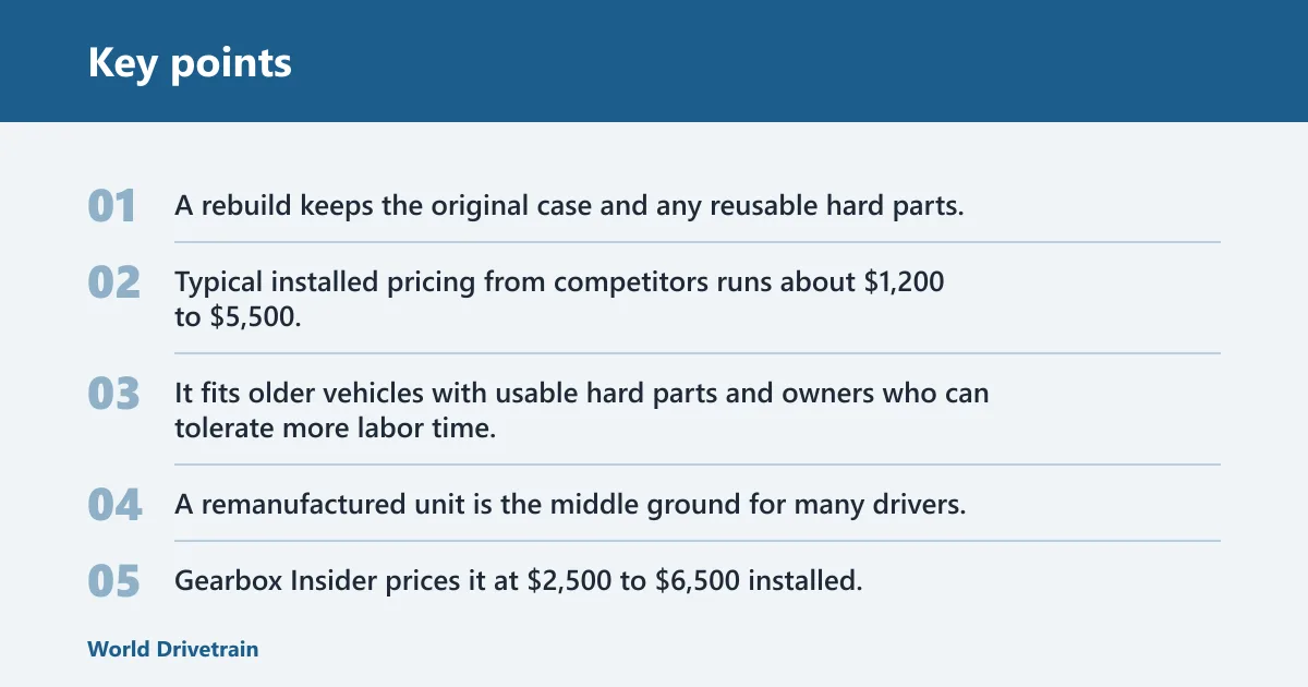 Key points: Compare rebuild, remanufactured, used, and new