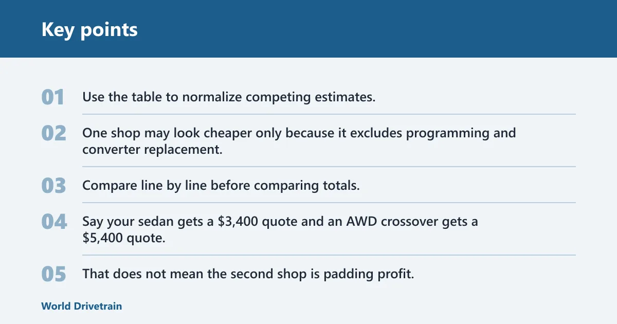 Key points: Replacement quote estimator table