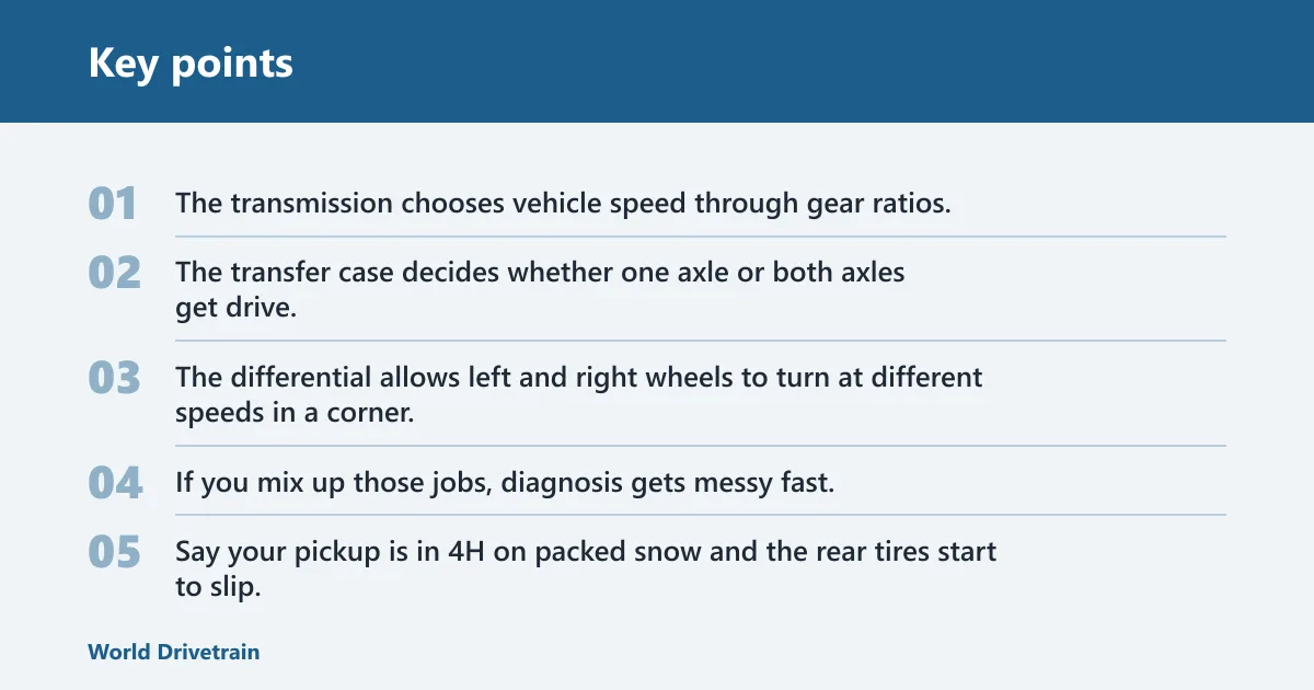 Key points: Transfer case vs transmission and differential