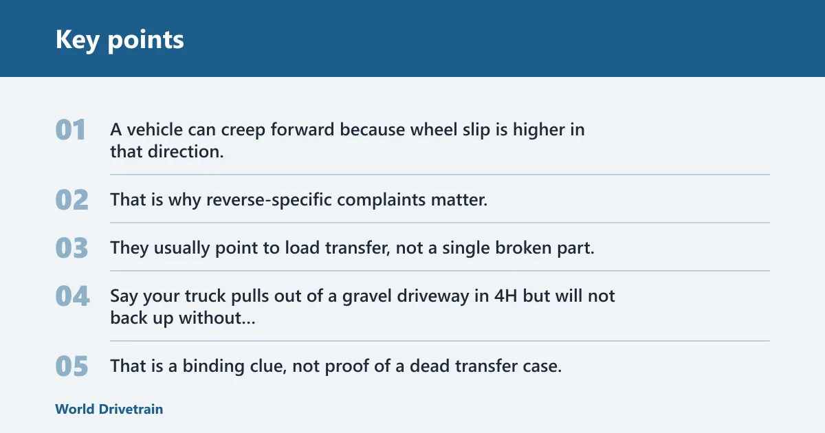 Key points: Why reverse fails in 4WD