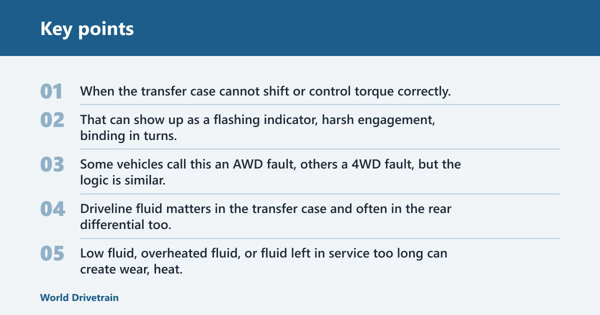Key points: Transfer case and fluid faults