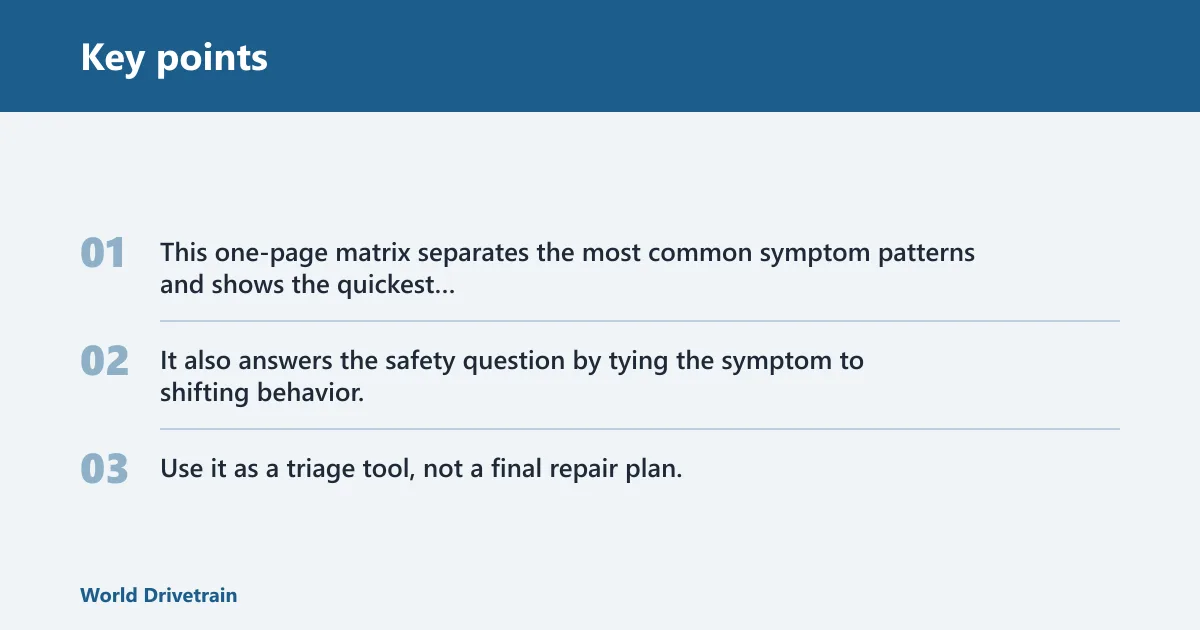 Key points: Use this diagnostic matrix to narrow the fault