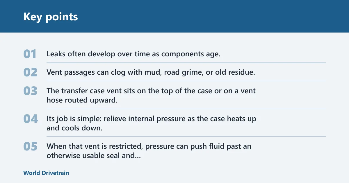 Key points: Where does a transfer case usually leak?