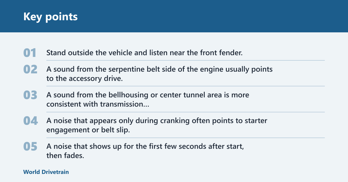 Key points: Why does the transmission make noise when starting the car?
A true transmission startup noise is more likely a whine, whirr, or light grind that comes from the bellhousing or underbody area, especially if it appears right after cranking or during the first seconds after start. Cold startup matters because fluid thickens when cold, and metal parts have not yet reached operating temperature.


What a true transmission startup noise sounds like
Transmission noise is often steady rather than squeaky. It may sound like a faint pump whine, a rumble, or a mechanical whirr that changes with gear selection. On automatics, that can point to low or degraded transmission fluid, a pump issue, or internal wear. On manuals, release bearing or input-related noise can show up differently.

Why a cold start changes what you hear
Cold startup means starting the engine when it’s cold, usually after the car has been sitting overnight. Cold starts can make engine noise louder because metal components haven’t warmed up. Thick fluid, contracted parts, and stiffer belts can all make a startup noise more obvious than it is later in the drive.

That is why a whine heard only on the first crank can come from the accessory drive instead of the transmission. The same sound can disappear after a minute, which is a clue that temperature is part of the symptom.

Is the noise really from the transmission?