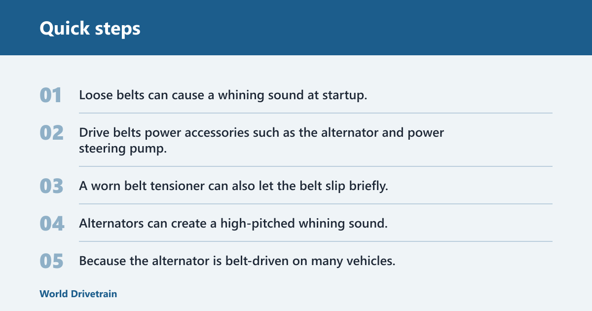 Quick steps: Why does the transmission make noise when starting the car?
A true transmission startup noise is more likely a whine, whirr, or light grind that comes from the bellhousing or underbody area, especially if it appears right after cranking or during the first seconds after start. Cold startup matters because fluid thickens when cold, and metal parts have not yet reached operating temperature.


What a true transmission startup noise sounds like
Transmission noise is often steady rather than squeaky. It may sound like a faint pump whine, a rumble, or a mechanical whirr that changes with gear selection. On automatics, that can point to low or degraded transmission fluid, a pump issue, or internal wear. On manuals, release bearing or input-related noise can show up differently.

Why a cold start changes what you hear
Cold startup means starting the engine when it’s cold, usually after the car has been sitting overnight. Cold starts can make engine noise louder because metal components haven’t warmed up. Thick fluid, contracted parts, and stiffer belts can all make a startup noise more obvious than it is later in the drive.

That is why a whine heard only on the first crank can come from the accessory drive instead of the transmission. The same sound can disappear after a minute, which is a clue that temperature is part of the symptom.

Is the noise really from the transmission?
Location, timing, and behavior separate most transmission noises from accessory-drive noise. If the sound comes from the front engine bay, changes with steering, or fades as belt load settles, start with belts, pulleys, alternator, power steering, or water pump. If it comes from under the car and tracks gear changes, the transmission moves up the list.


Location check: under the car or from the front accessory drive
Stand outside the vehicle and listen near the front fender, then near the center of the car. A sound from the serpentine belt side of the engine usually points to the accessory drive. A sound from the bellhousing or center tunnel area is more consistent with transmission or drivetrain noise.

Timing check: only at crank, first idle, or all the time
A noise that appears only during cranking often points to starter engagement or belt slip. A noise that shows up for the first few seconds after start, then fades, often points to a belt, tensioner, pulley bearing, or power steering pump. A noise that continues at idle or grows with road speed needs a broader drivetrain check.

Behavior check: steering input, shifting, or engine speed changes
If the sound gets louder when you turn the wheel, the power steering pump or another belt-driven component may be more likely. If it changes when you shift from Park to Drive or Reverse, the transmission deserves attention. If it rises and falls with engine speed, an alternator, pulley bearing, or belt issue is more likely.

Say your compact sedan makes a high-pitched whine for 3 seconds on a cold morning, then goes quiet. If the tone gets louder when the steering wheel is turned at idle, that points away from the transmission and toward the belt-driven power steering system.

Common startup noises that are not transmission problems